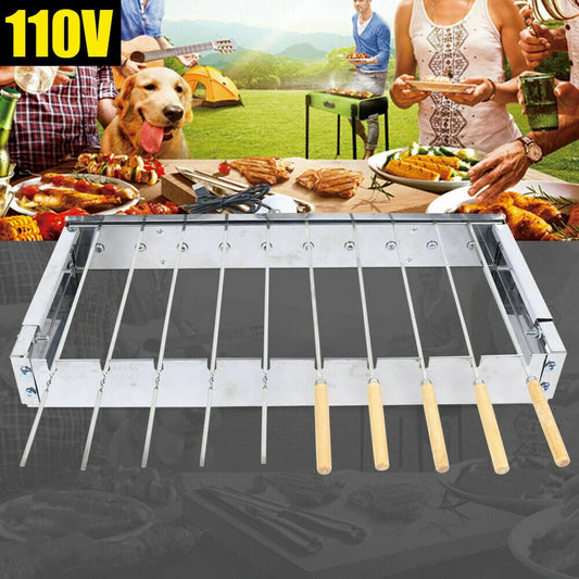 Electric BBQ Grill 10 Skewers Kebab Shish Automatic Rotating Rotisserie Rack Outdoor Camping Picnic Beach Party Cooking 110V