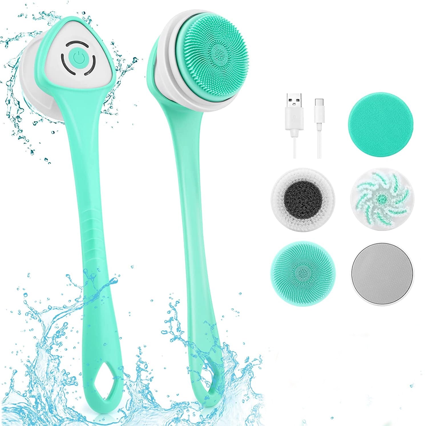 Electric Body Bath Brush for Exfoliating & Massage, 5-in-1 Back Brush Long Handle for Shower Body Clean, Rechargeable Body Spin Scrubber with 5 Rotating Brush Heads