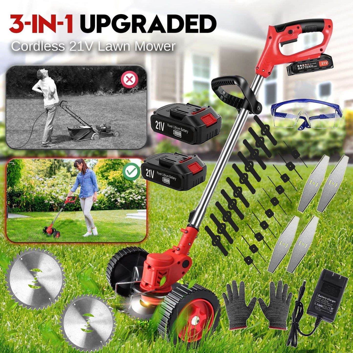 Electric Cordless Grass Trimmer, Lawn Mower, Rechargeable Grass Mower, Weed Lawn Edger Eater, Electric Grass Cuting Machine with Wheels with 2 Batteries(RED)