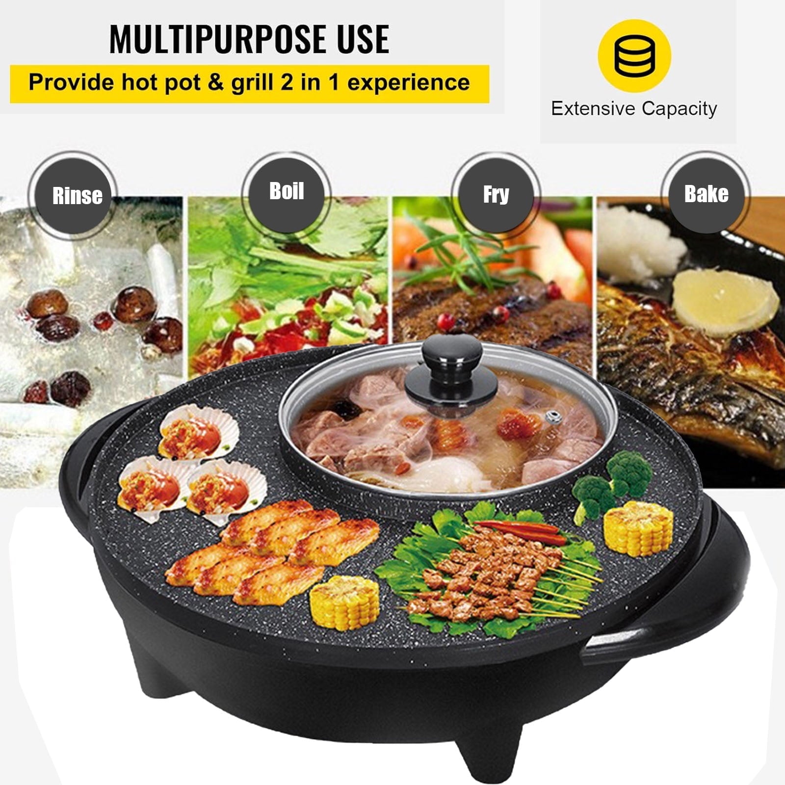 Electric Hot Pot and Grill Combo, 110V Hot Pot with Grill 2 in 1, Multifunctional Smokeless Korean Barbecue Grill, Capacity for 3-5 People, Suitable for Korean BBQ, Shabu and Soup