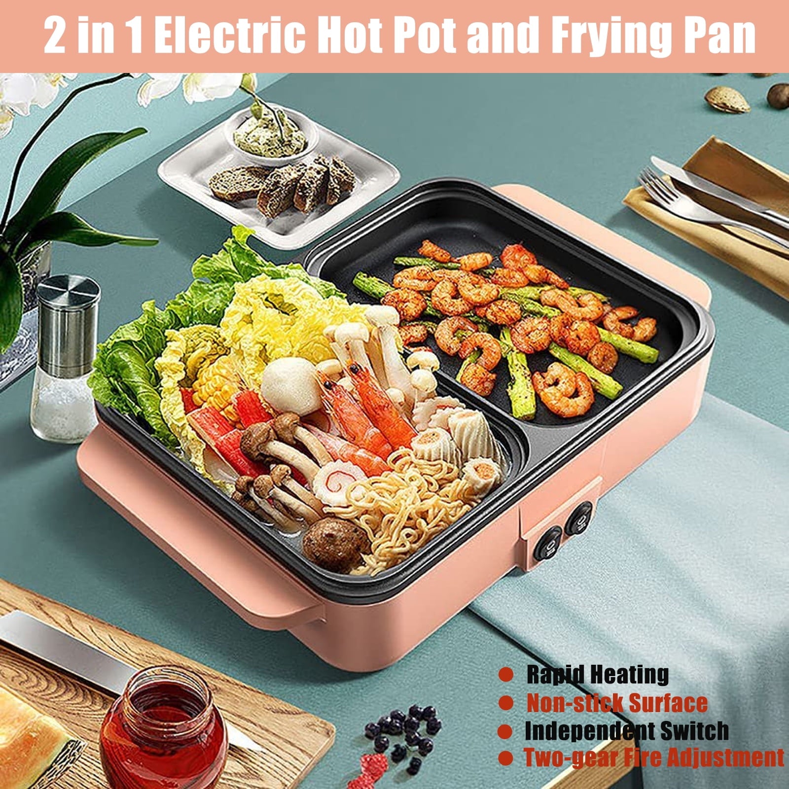 Portable Mini Hot Pot ,2 in 1 Electric Hot Pot BBQ with Grill,Non-Stick Hot Pot and Frying Pan,Dual Temperature Control Smokeless BBQ for Indoor Outdoor Party