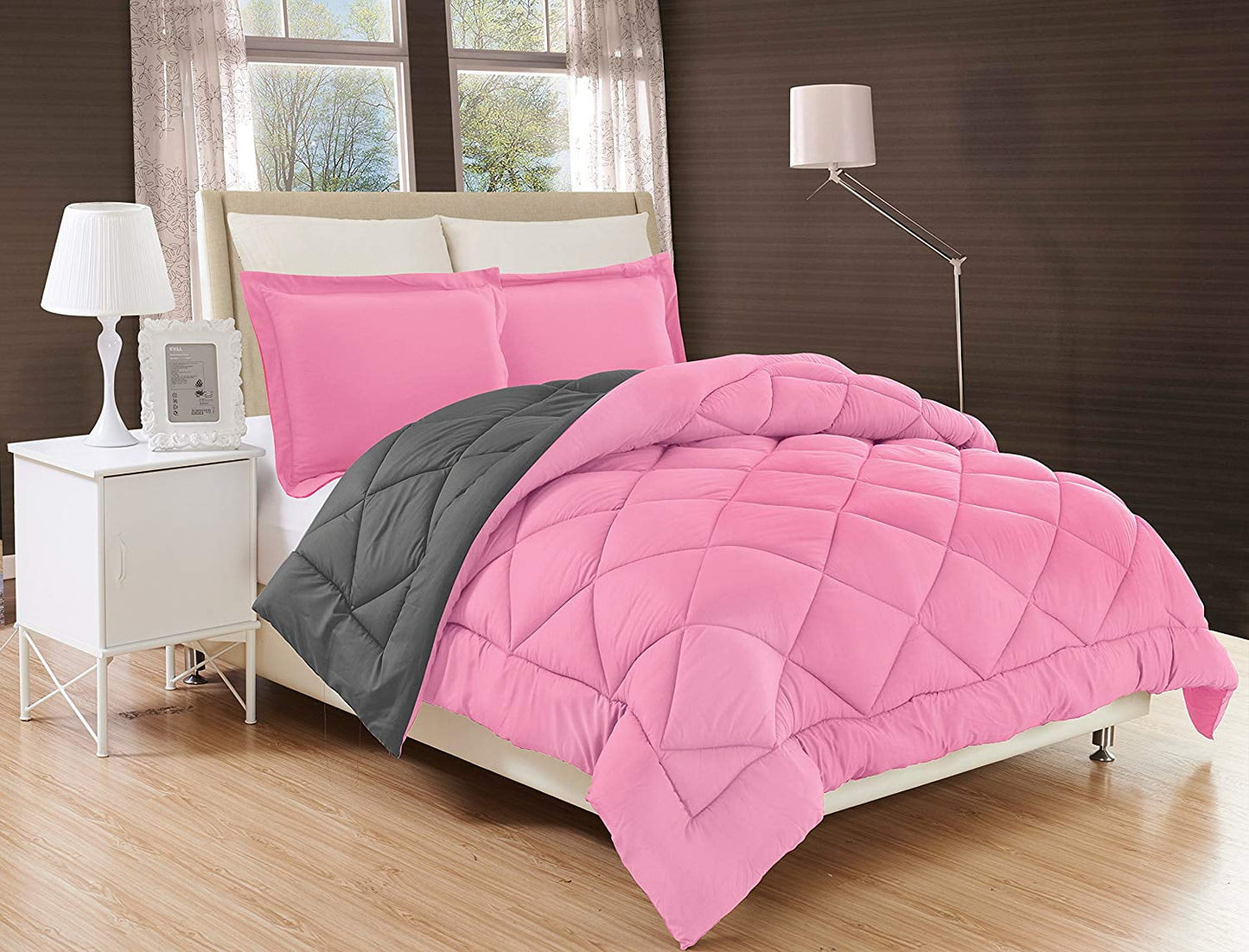 Elegant Comfort Duvet Inserted Reversible 3pc Comforter Set-King/Cal King, Pink/Gray