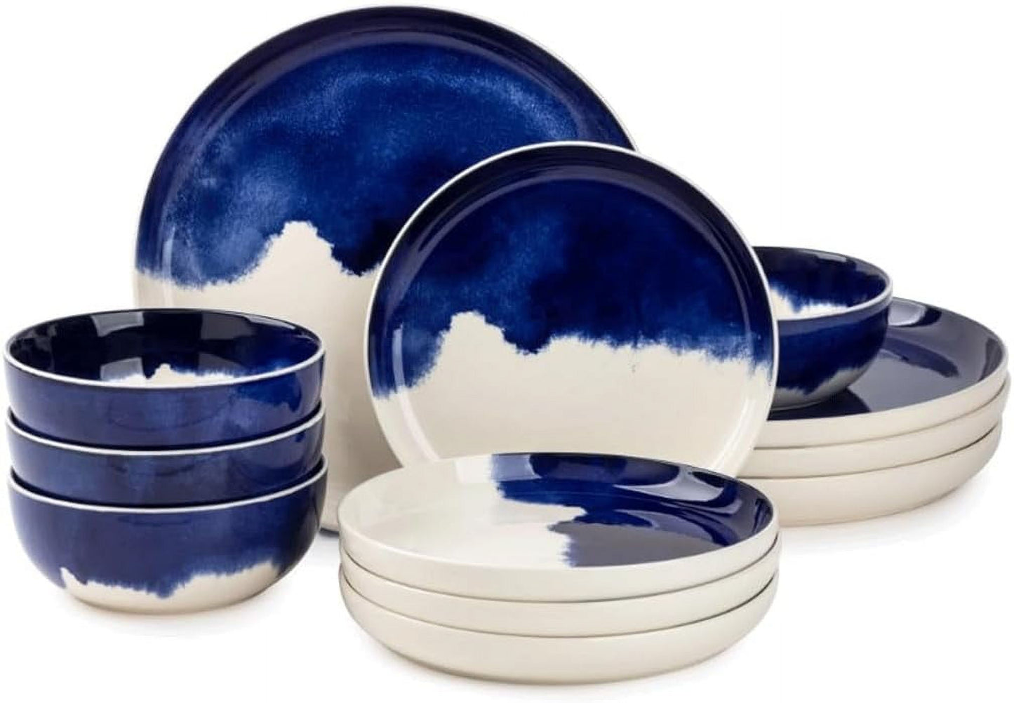 Elegant Grey Drip Stoneware Dinnerware: 12 Piece Set for Dishes and Plates Blue for Dining Dishwasher safe