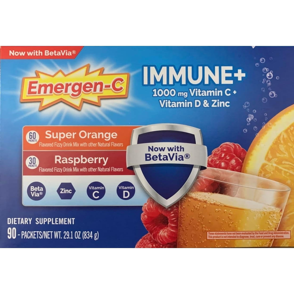 Emergen-C Immune+ 1000 mg Vitamin C + Vitamin D & Zinc, 90 Packets