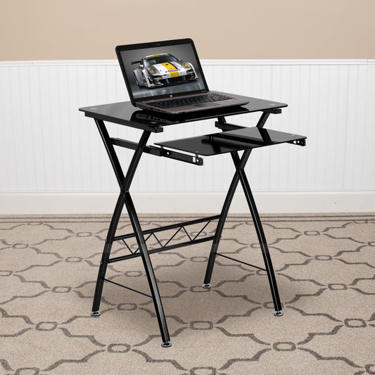 Emma + Oliver Black Tempered Glass Computer Desk with Pull-Out Keyboard Tray