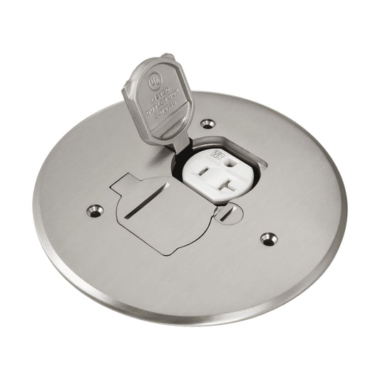 Enerlites 975517-S Floor Box Round 5 3/4'' Cover, Seamless Dual Flip Lid, 20A Duplex Tamper / Weather Resistant Outlet, Nickel Plated Brass