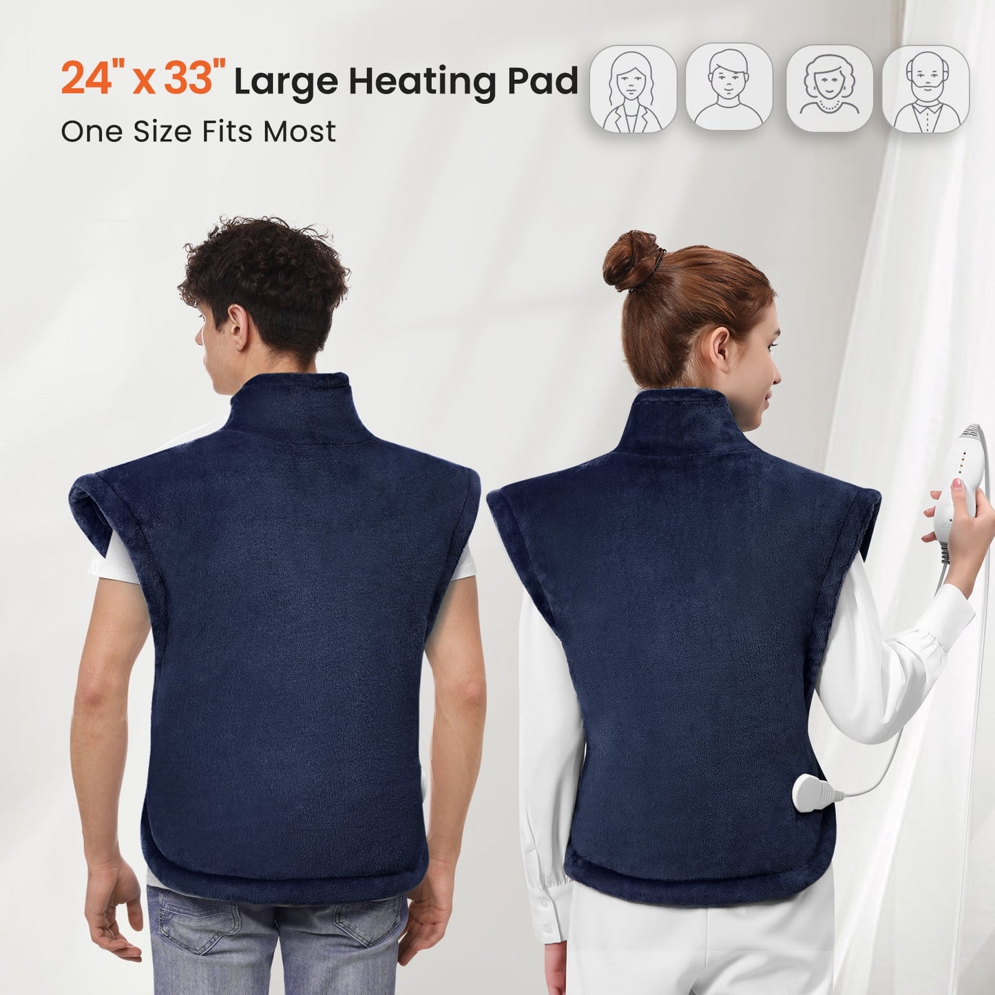 Entil Large Heating Pad, 4 Heat Levels & 2H Auto-off, for Back & Shoulder Wrap, 24" x 33" Dark Blue