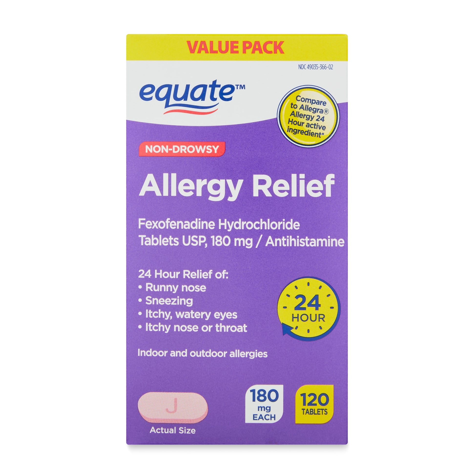 Equate Fexofenadine Hydrochloride USP Non-Drowsy Allergy Relief Tablets, 180 mg, 120 Count