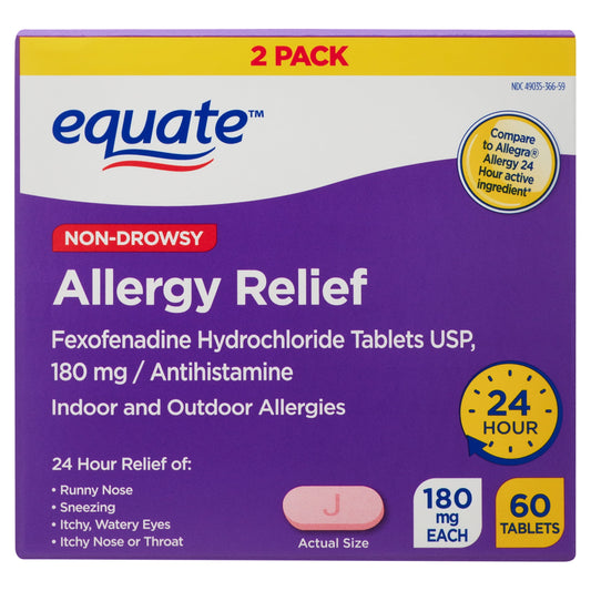 Equate Non-Drowsy Allergy Relief Tablets, 60 Tablets, 2 Count