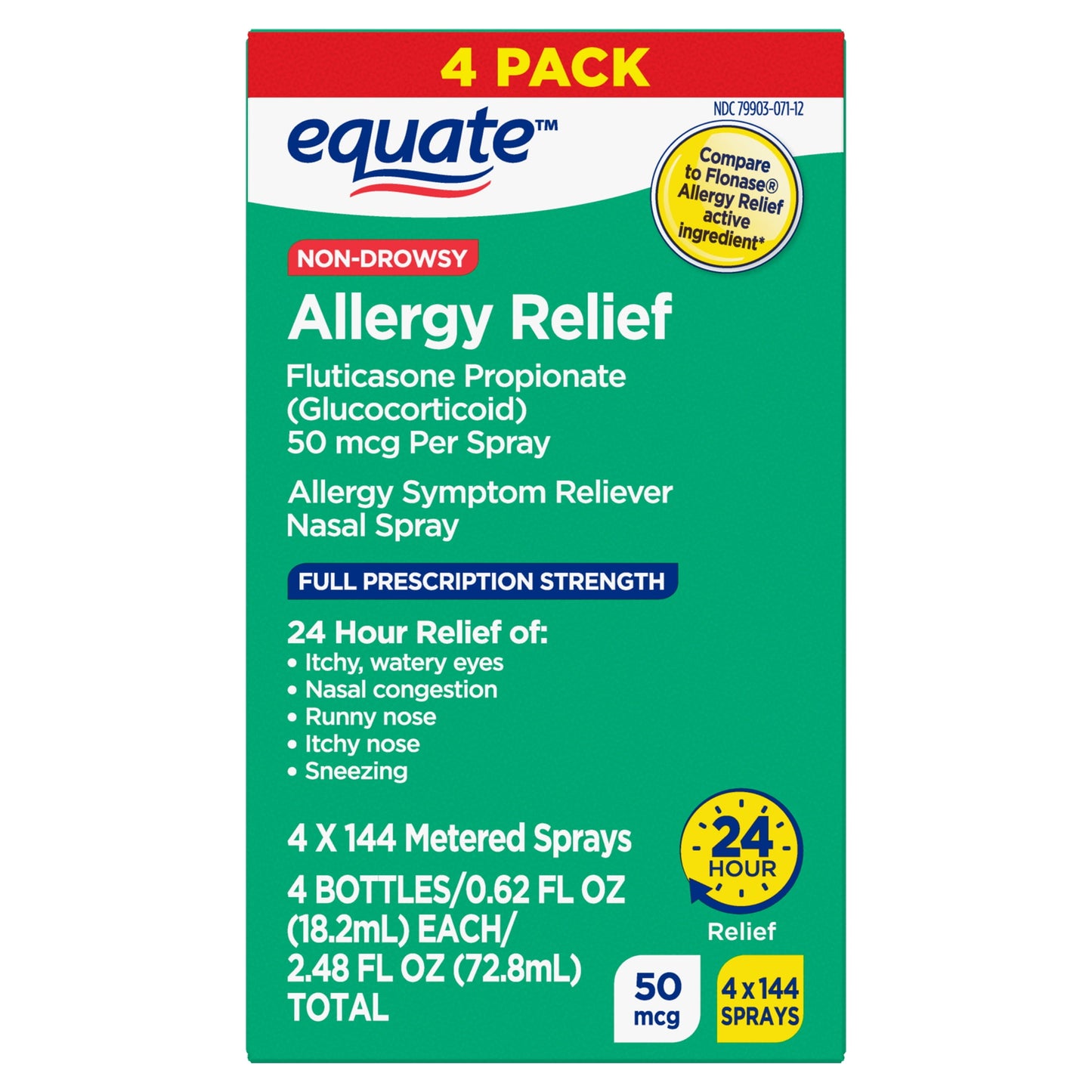 Equate Non-Drowsy Fluticasone Propionate Allergy Relief Nasal Spray, 50 Mcg, 144 Metered Sprays, 4 Pack