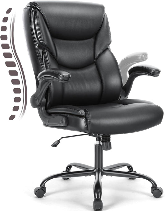 Yangming Executive Office Chair with Flip-up Arms, Ergonomic Back Support, High Back,  PU Leather 300lbs, Black