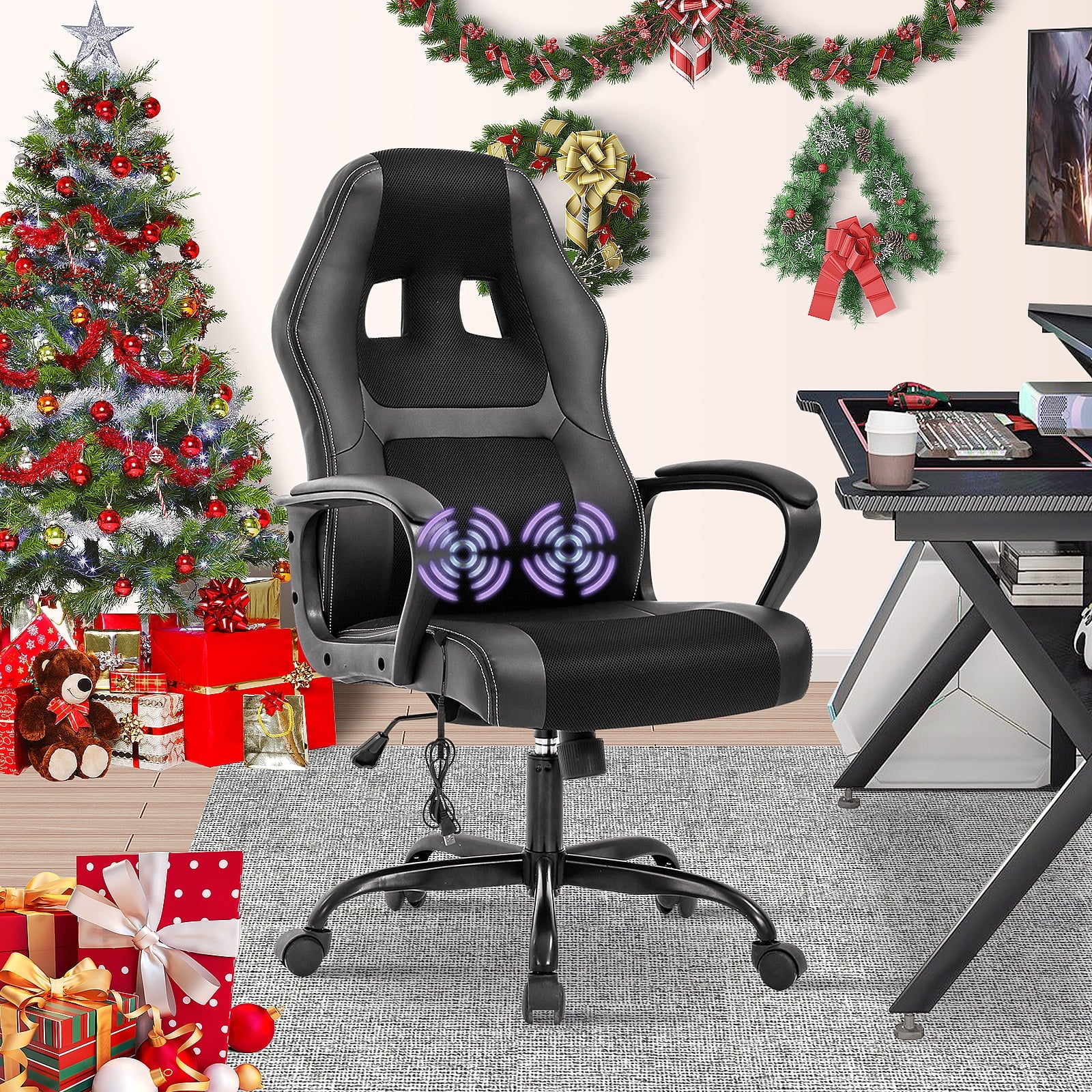 Ergonomic Gaming Chair Massage Computer Desk Chair Adjustable PU Leather Office Chair Rolling Swivel Chair High Back Ergonomic Chair with 360 Degree Rolling Wheels & Lumbar Support for Women, Men