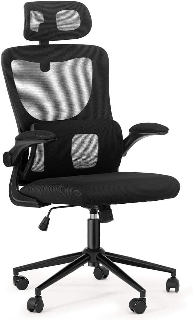 Ergonomic Office Chair, High-Back Mesh Computer Desk Chair with Separate Lumbar Support, Flip-Up Armrests, Tilt Height Headrest Adjustable Swivel Task Chair, Black