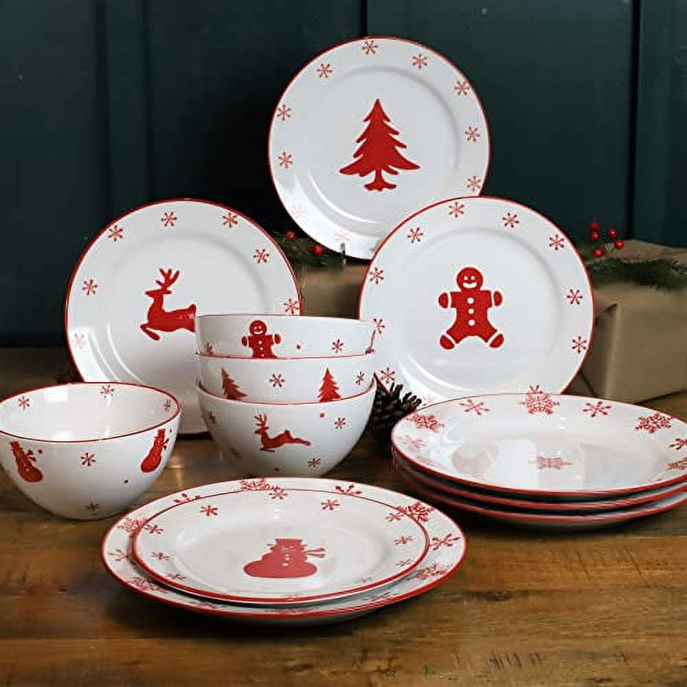 Euro Ceramica Winterfest Collection 12 Piece Dinnerware Set | Festive Ceramic Stoneware Dinnerware Set | Service for 4 | Hand-Stamped Holiday Design, Red & White Christmas Patterns,WFT-12000-DS