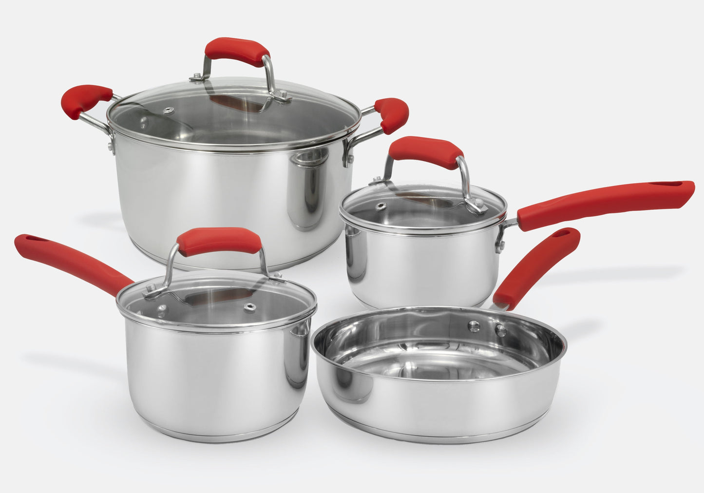 ExcelSteel - 7 Pc Stainless Steel Cookware Set w/Red Silicone handles