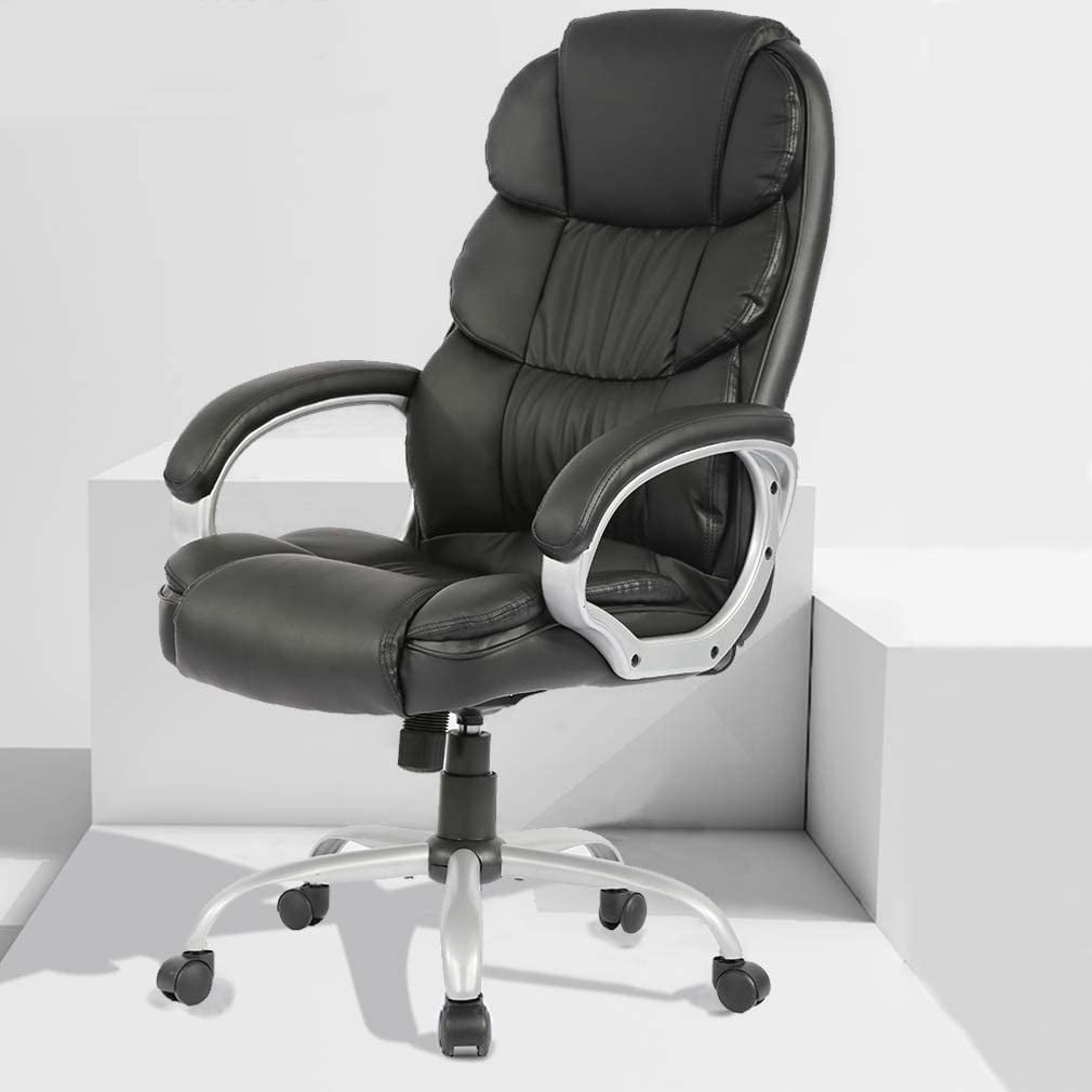 Executive Office Chair Big and Tall Leather Computer Chair Ergonomic Desk Chair High Density Sponge Seat&Back Chair with Padded Armrest,Lumbar Support and Headrest, Black