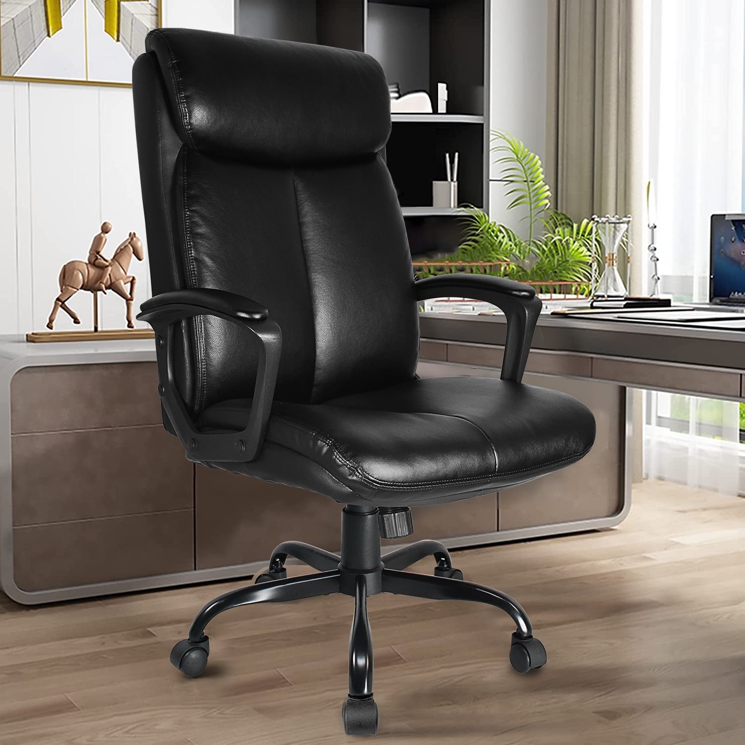 Executive Office Chair - Ergonomic Big and Tall Home Computer Desk Chair with Lumbar Support, PU Leather, High Back, Adjustable Height & Swivel, Black