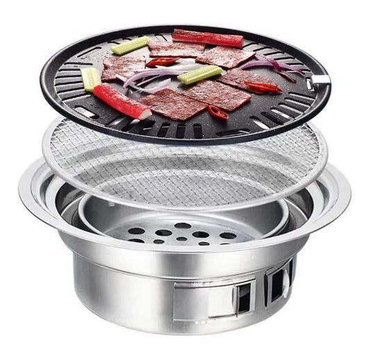 Exlonjet Portable Table Grill, 15.75 Inch Korean BBQ Grill Stainless Steel BBQ Grill Stove Outdoor Camping Cooker, Charcoal Grill BBQ, Round Barbecue Grill, Indoor&Outdoor Grill BBQ