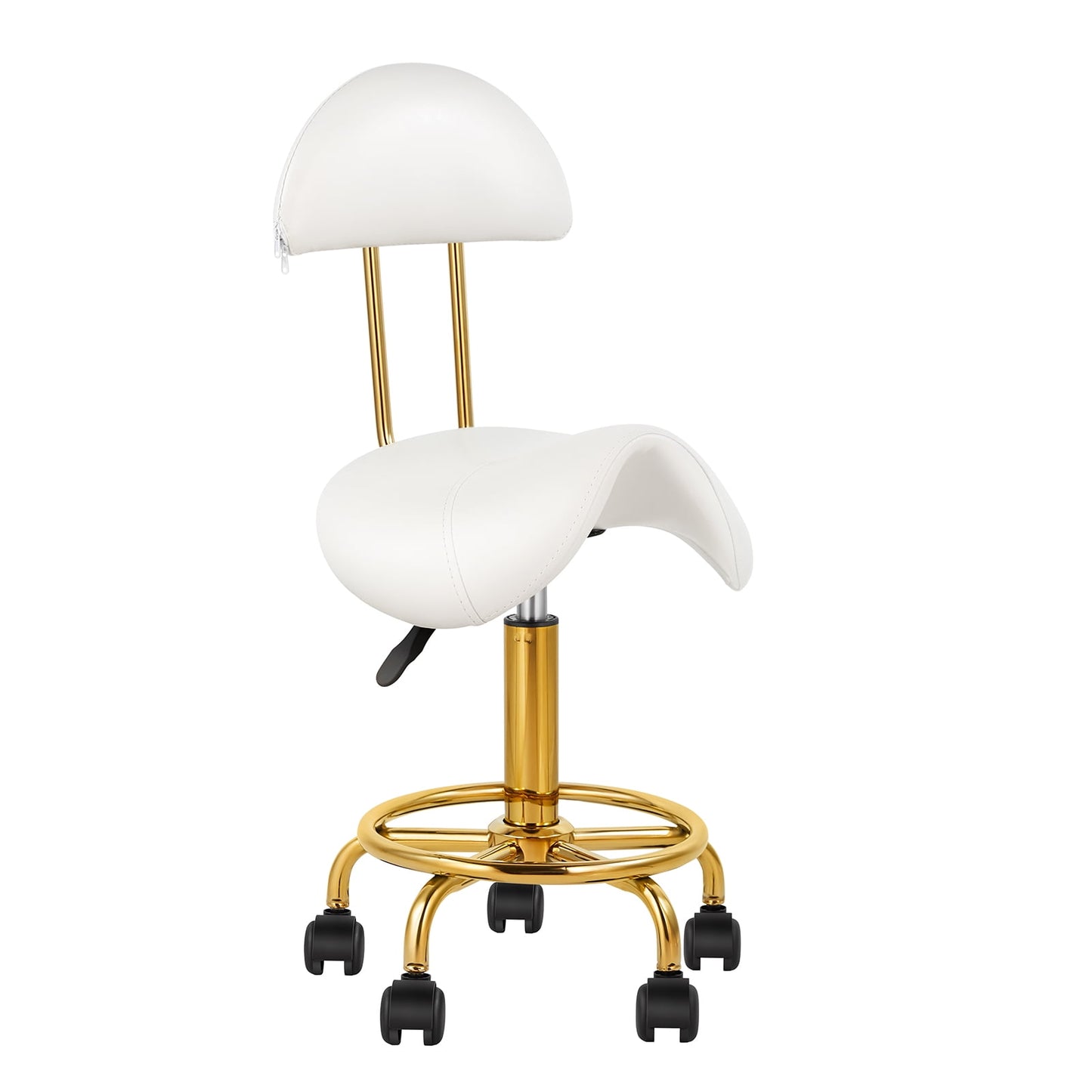 Saddle Chair Rolling Ergonomic Swivel Chair with Soft Comfortable Cushion and Wheels Hydraulic Stool for Home Office Tattoo Salon Shop Use White, with Backrest Gold