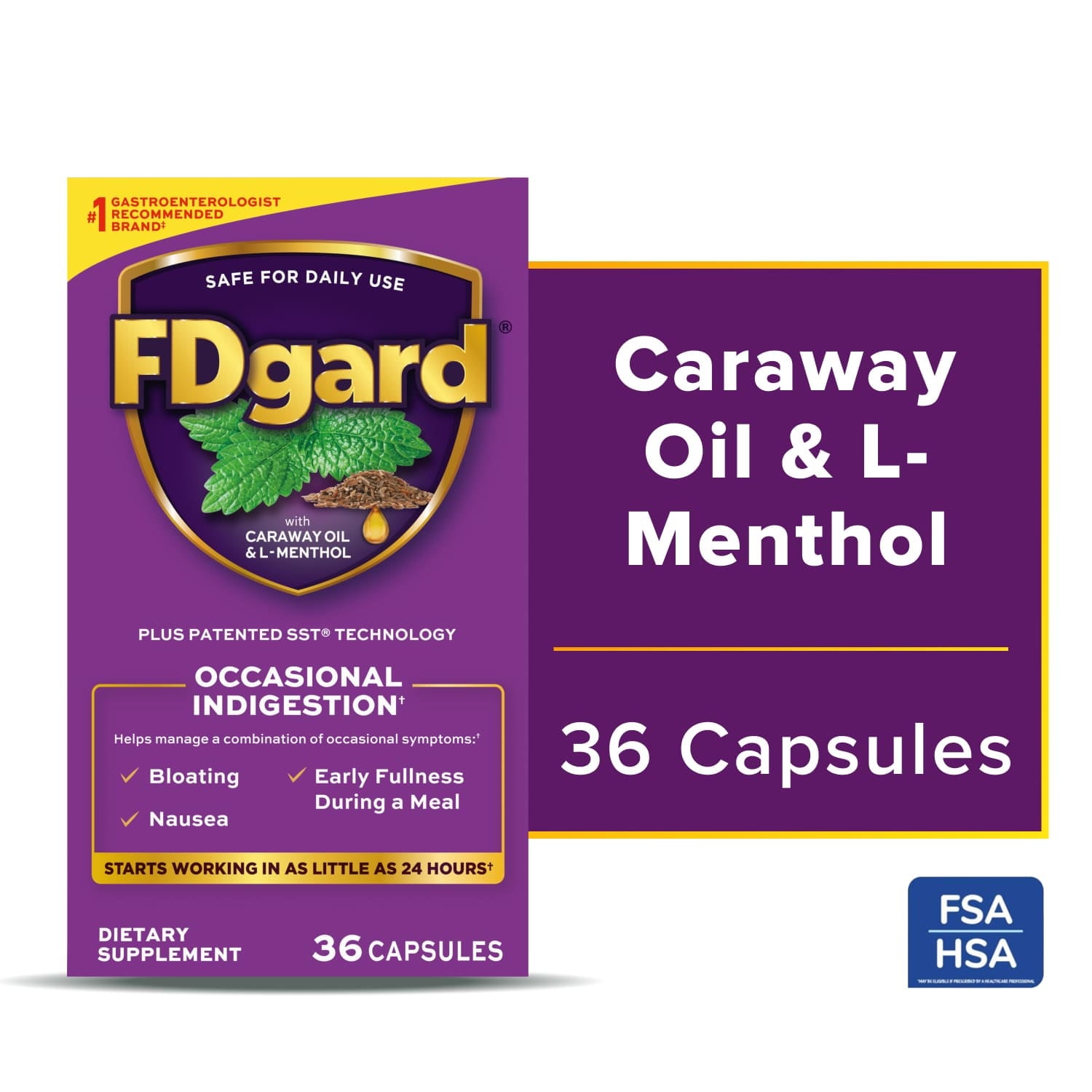 FDgard Digestive Health Supplement with Caraway Oil & L-Menthol for Occasional Nausea, Bloating & Upset Stomach†, 36ct (Packaging May Vary)