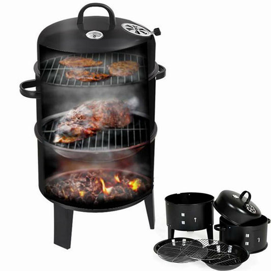 FOCUSSEXY 3 IN 1 Vertical Charcoal BBQ Smoker,Round Charcoal Barbecue Grill with 2 Cooking Area, and Thermometer