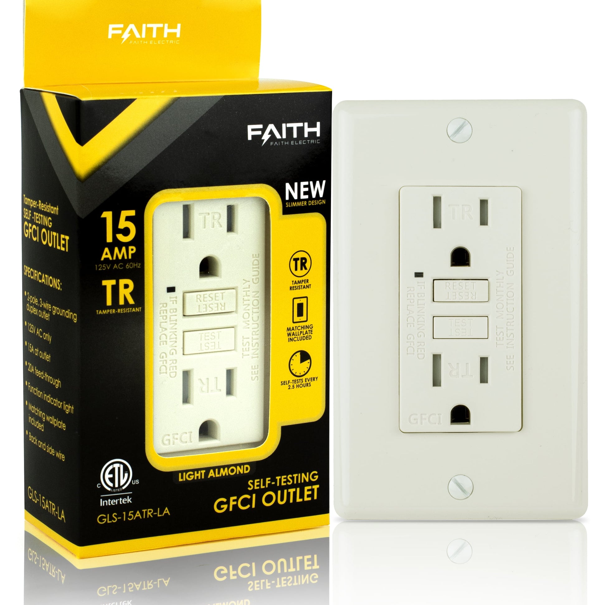 Faith 15A GFCI Outlet, Slim, Tamper-Resistant GFI Receptacle with Wall Plate, Light Almond