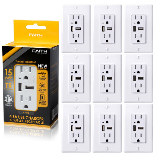 Faith 4.6A USB Outlet and 15A Decorator Tamper-Resistant Duplex Receptacle with Wall Plate, White, 10-Pack