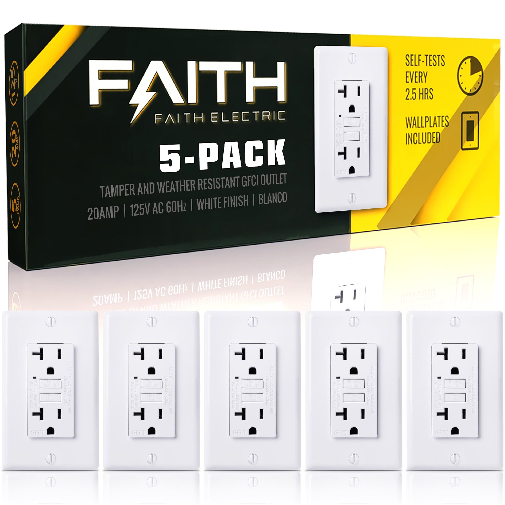 Faith [5-Pack] 20 Amp 125-Volt GFCI Outlet, White