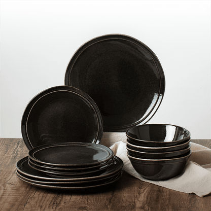 Famiware Aegean 12-Piece Stoneware Dinnerware Set, Plates and Bowls Set for 4, Cappuccino White