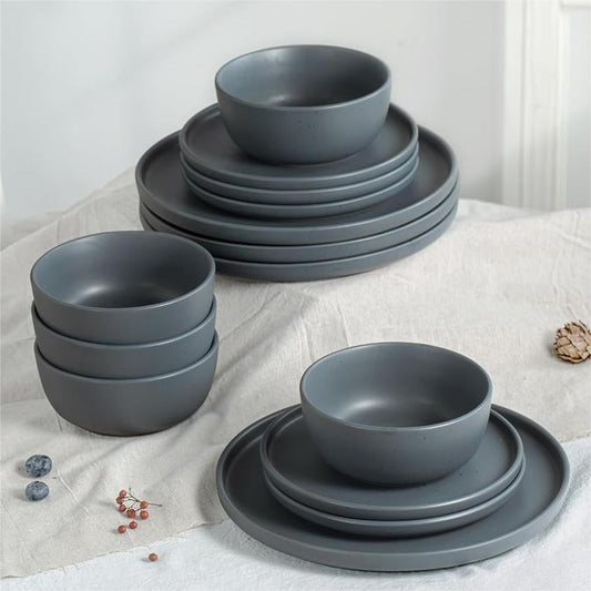 Famiware Dawn 12 Piece Dinnerware Sets, Plates and Bowls Set, Matte Dishes,  Charcoal