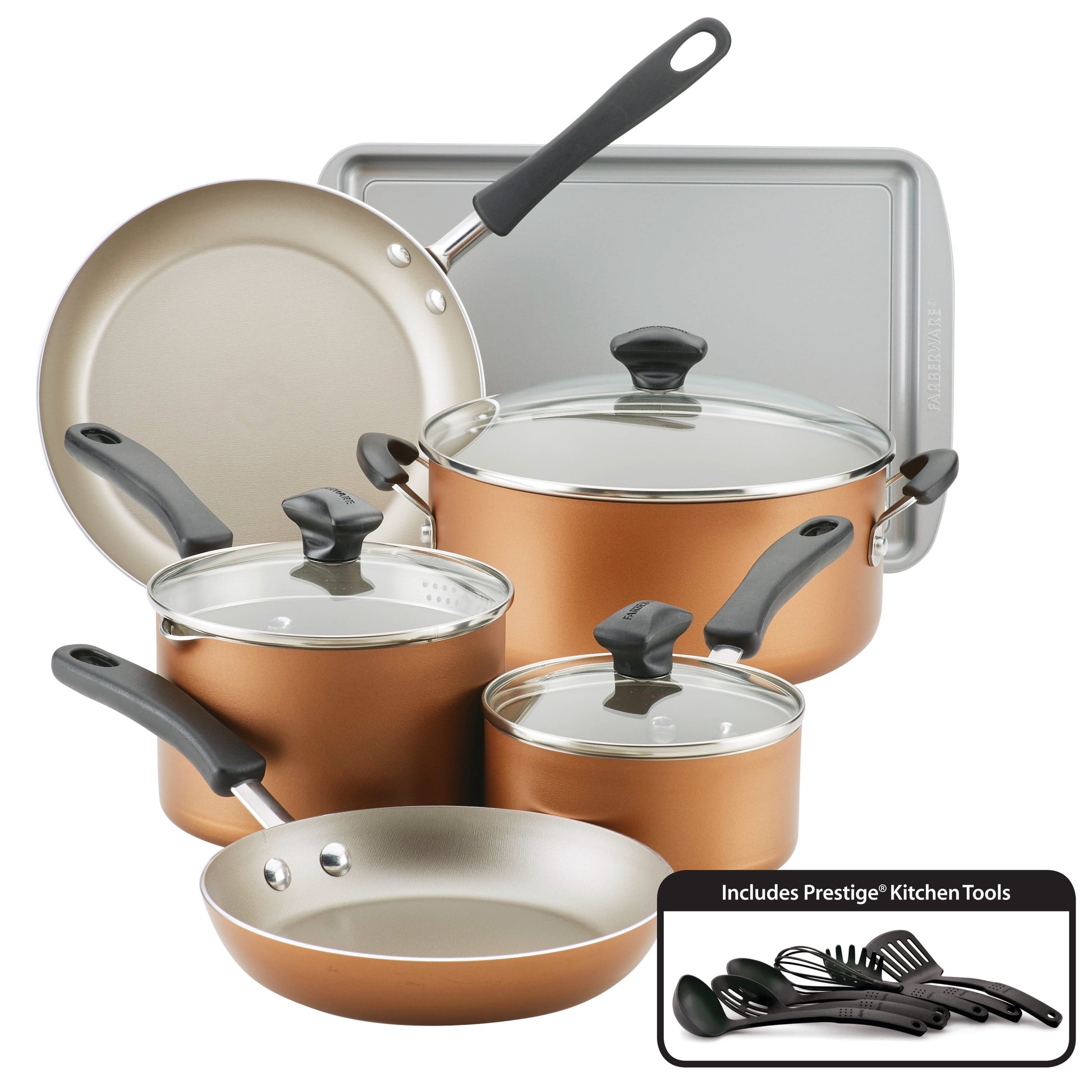 Farberware Cookstart Aluminum DiamondMax Nonstick Cookware Set, 15-Piece, Copper