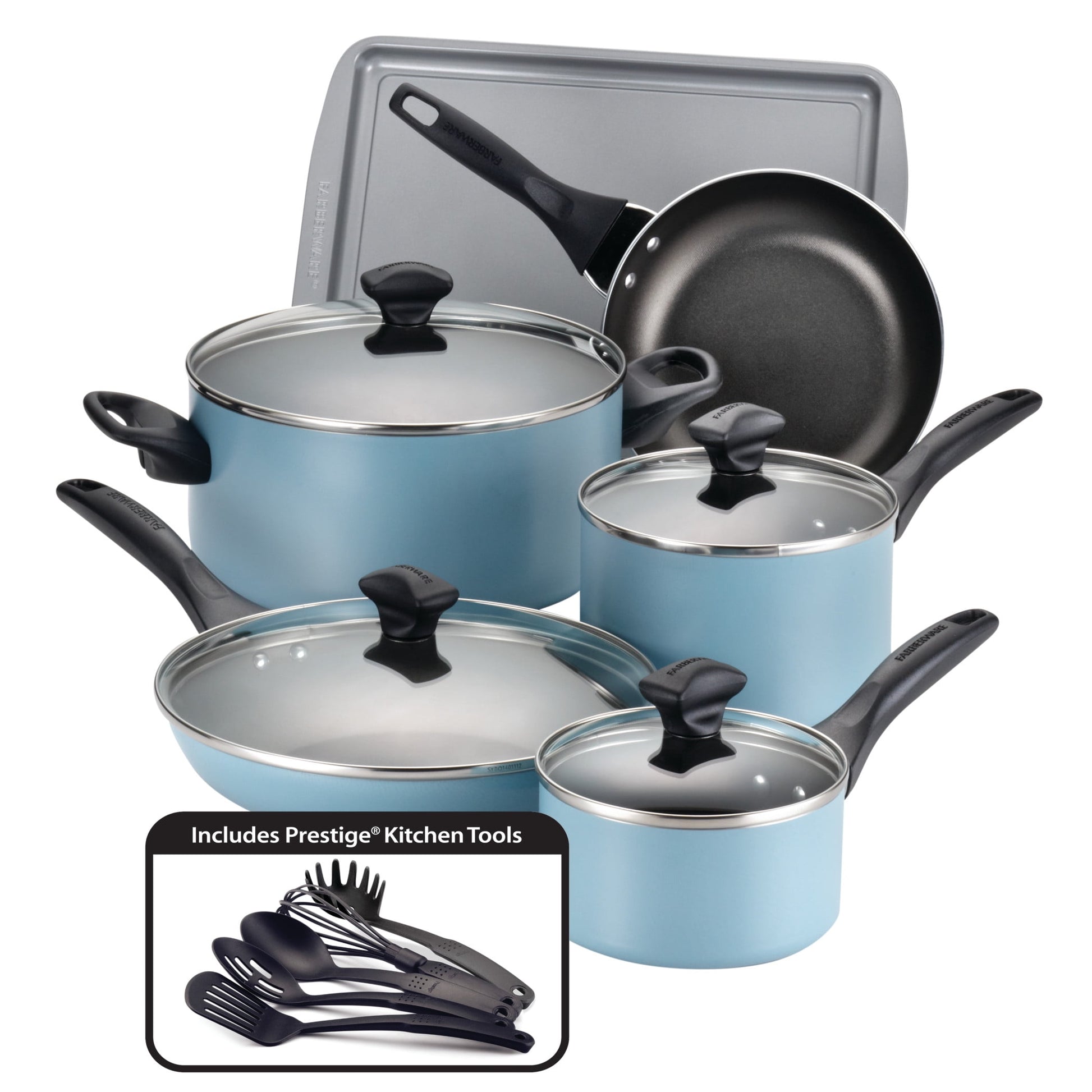 Farberware Dishwasher Safe 15 Piece Nonstick Pots and Pans Set, Aqua