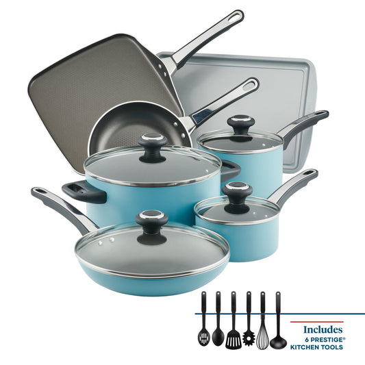 Farberware High Performance 17 Piece Nonstick Aluminum Pots and Pans Set, Aqua