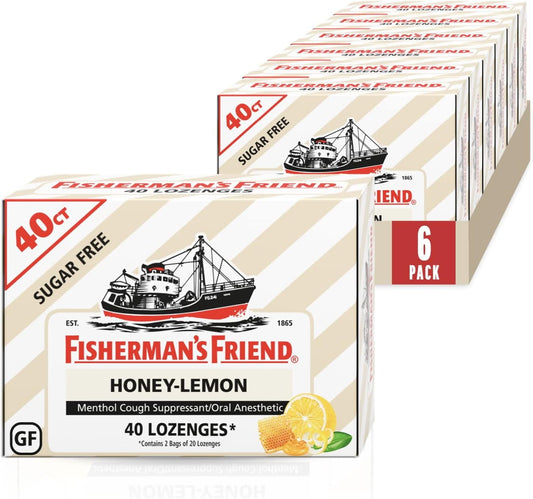 Fisherman's Friend Cough Drops, Cough Suppressant and Sore Throat Lozenges, Sugar Free, Honey-Lemon, 40 count, 6 pack