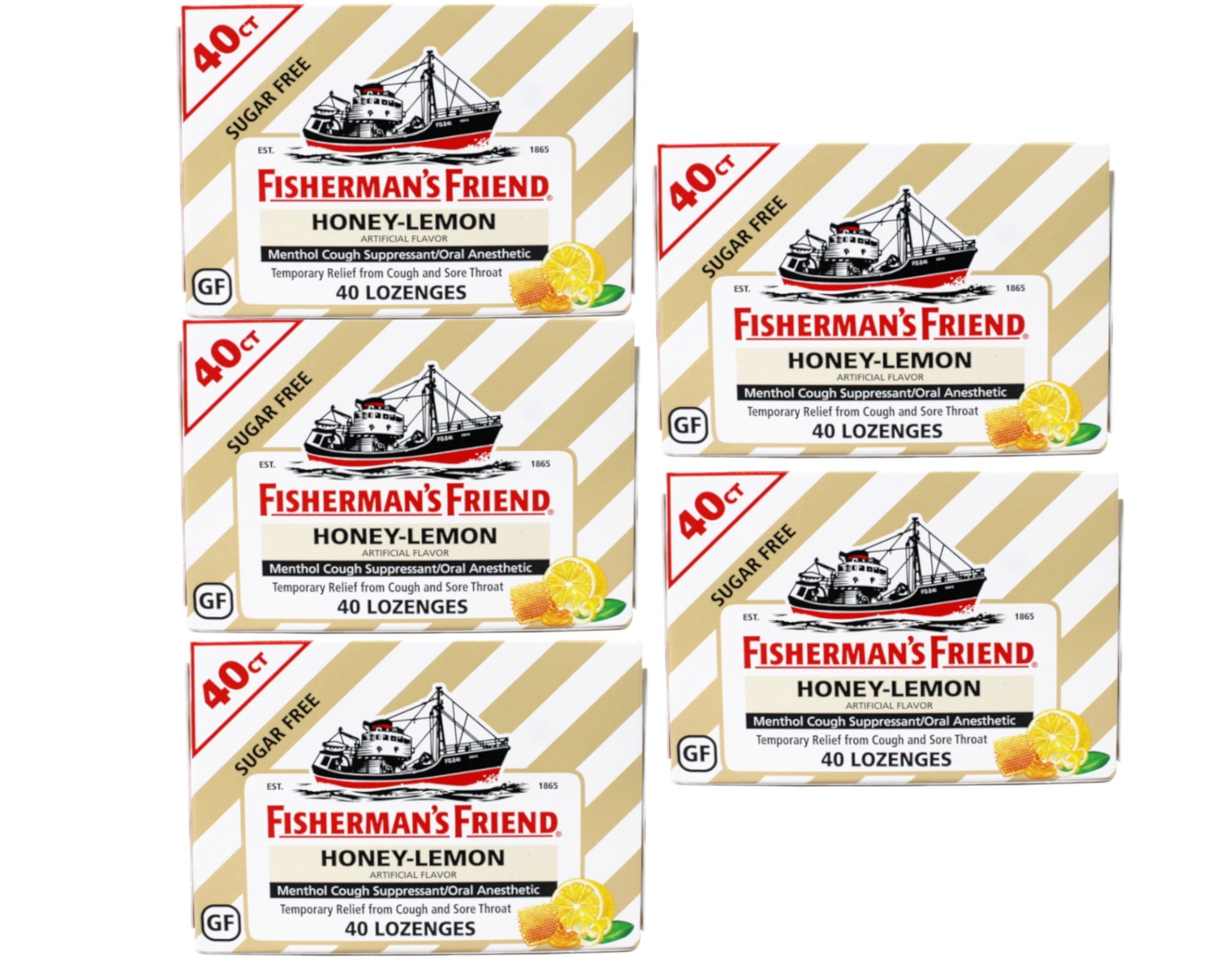 Fisherman's Friend Cough Drops, Cough Suppressant and Sore Throat Lozenges, Sugar Free Honey-Lemon, (5 Packs of 40)