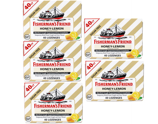 Fisherman's Friend Cough Drops, Cough Suppressant and Sore Throat Lozenges, Sugar Free Honey-Lemon, (5 Packs of 40)