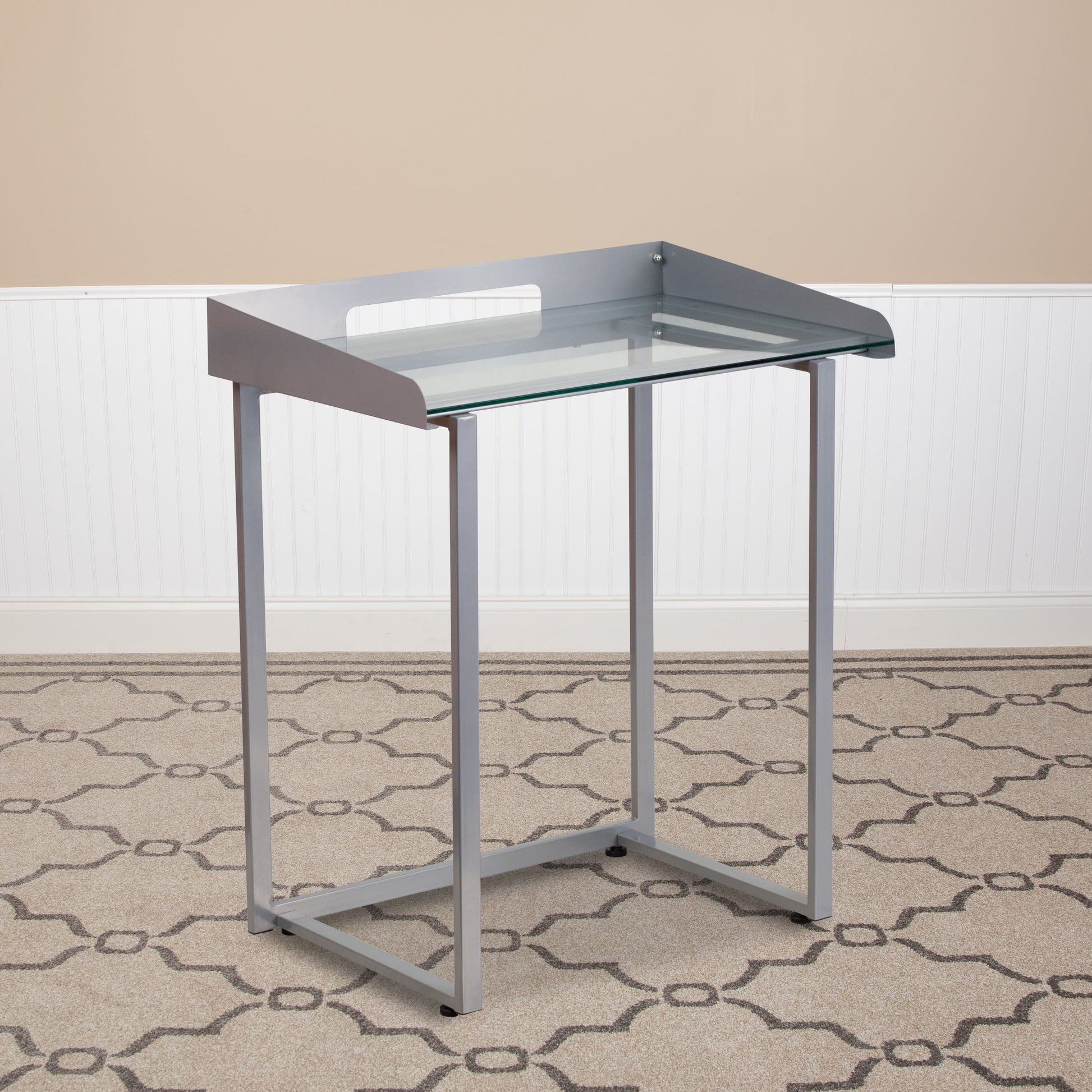 Flash Furniture Contemporary Clear Tempered Glass Desk with Raised Cable Management Border and Silver Metal Frame