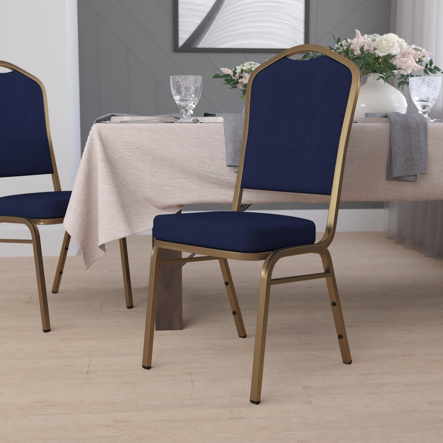 Flash Furniture HERCULES Series Crown Back Stacking Banquet Chair in Navy Blue Patterned Fabric - Gold Frame