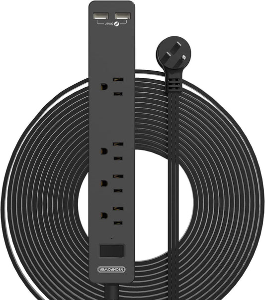 Flat Plug Extension Cord 15ft 4 Outlets 2 USB Extender Wall Mount Power Strip