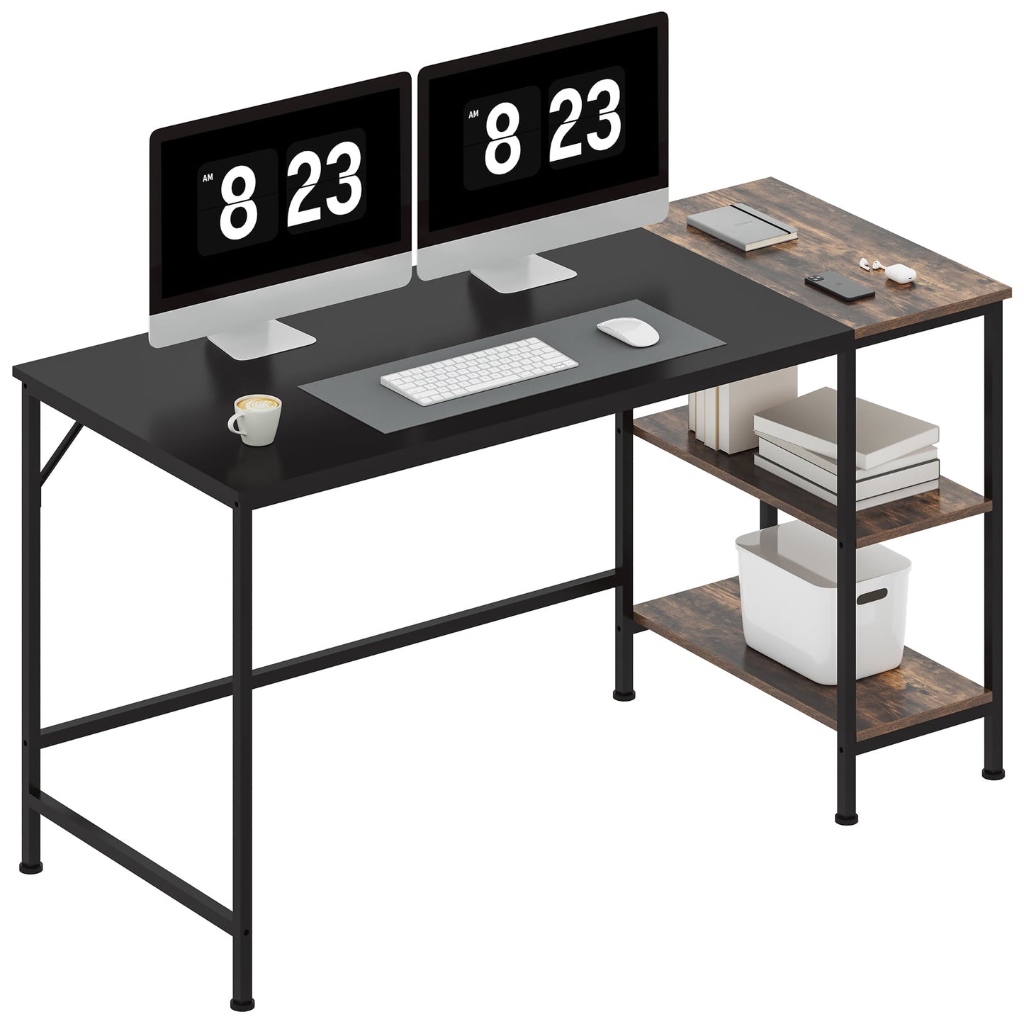 FlexiSpot 55" Metal Computer Desk with 2 Storage Shelves, Home Office Desk Black and Rustic