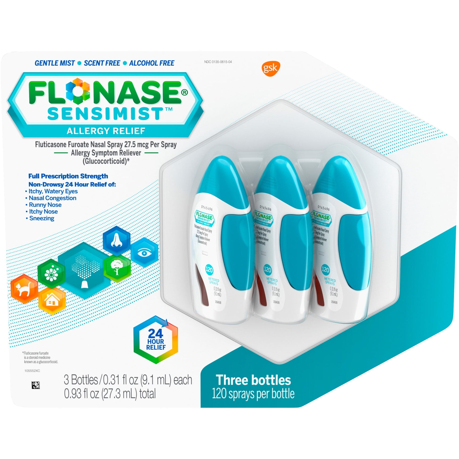 Flonase Sensimist Allergy Relief Spray, Non Drowsy Allergy Medicine, 120 Sprays, 3 Pack