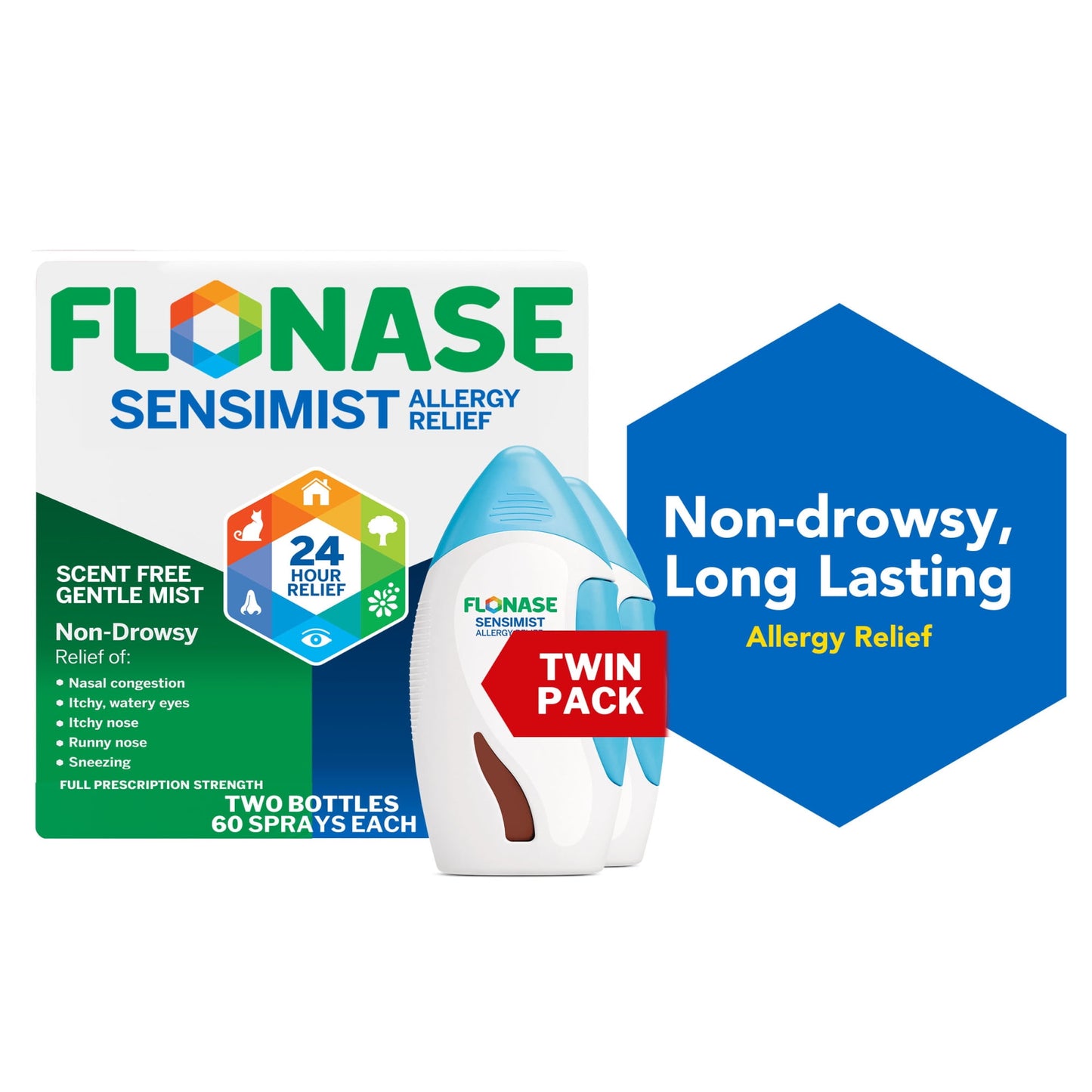 Flonase Sensimist Allergy Relief Nasal Spray for Adults and Kids - 120 Sprays Total (2 Bottles of 60 Sprays Each)