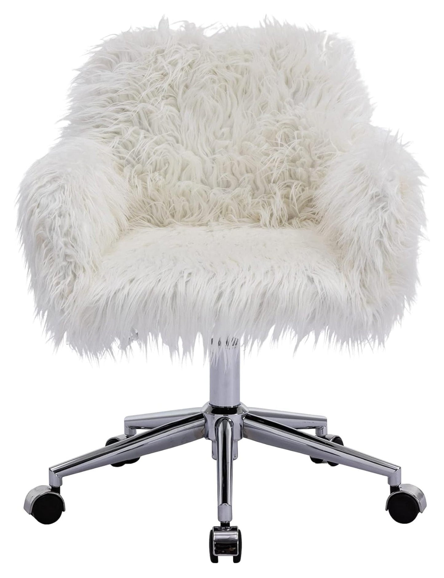 Fluffy Desk Chair, Faux Fur Furry Home Office Chair, Fuzzy Swivel Armchair with Wheels, Height Adjustable Silver Base for Girls, Bedroom, White