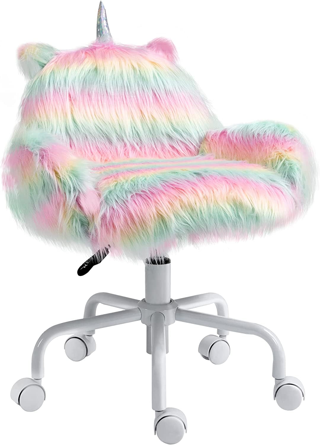 Fluffy Unicorn Office Chair with Mid-Back and Armrest Support, 5 Star Swivel Wheel White Base, Rainbow