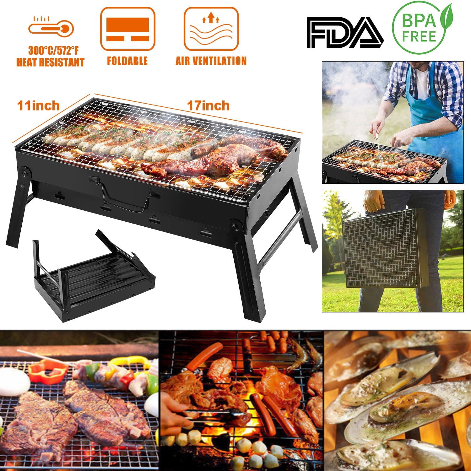 Foldable BBQ Grill, Moclever Metal Charcoal Grill for Outdoor Camping Garden Grilling, 17.7x11x10in