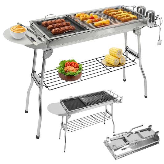 Foldable BBQ Grill TeqHome Portable Charcoal Barbeque Grill Stainless Steel BBQ Grill For Picnic Camping Backyard Cooking Junket