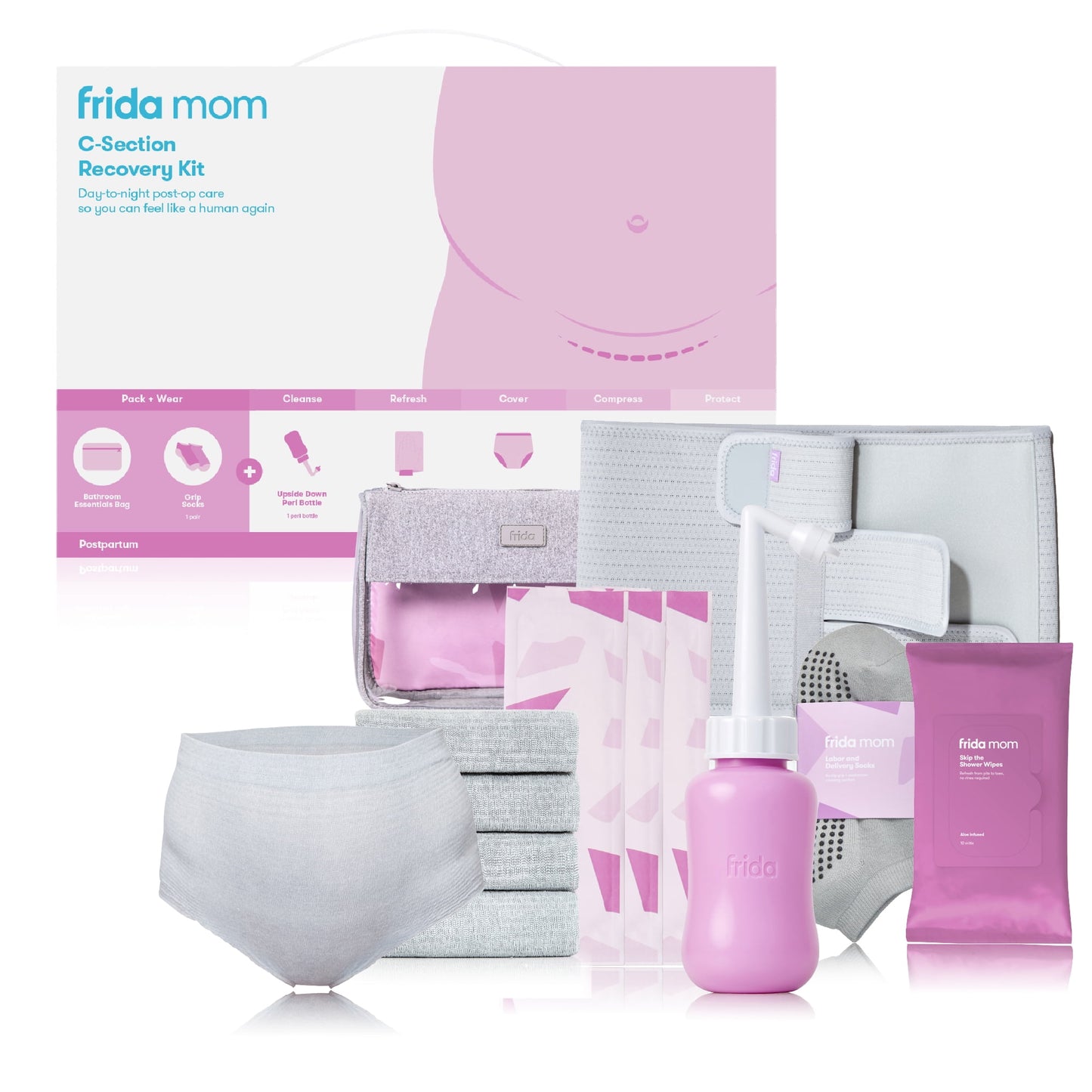 Frida Mom Postpartum C-Section Recovery Care Kit with Peri Bottle and Disposable Underwear for Women, One Size