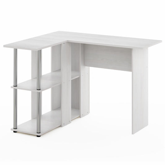 Furinno Abbott L-Shape Desk with Bookshelf, Americano, Stainless Steel Tubes