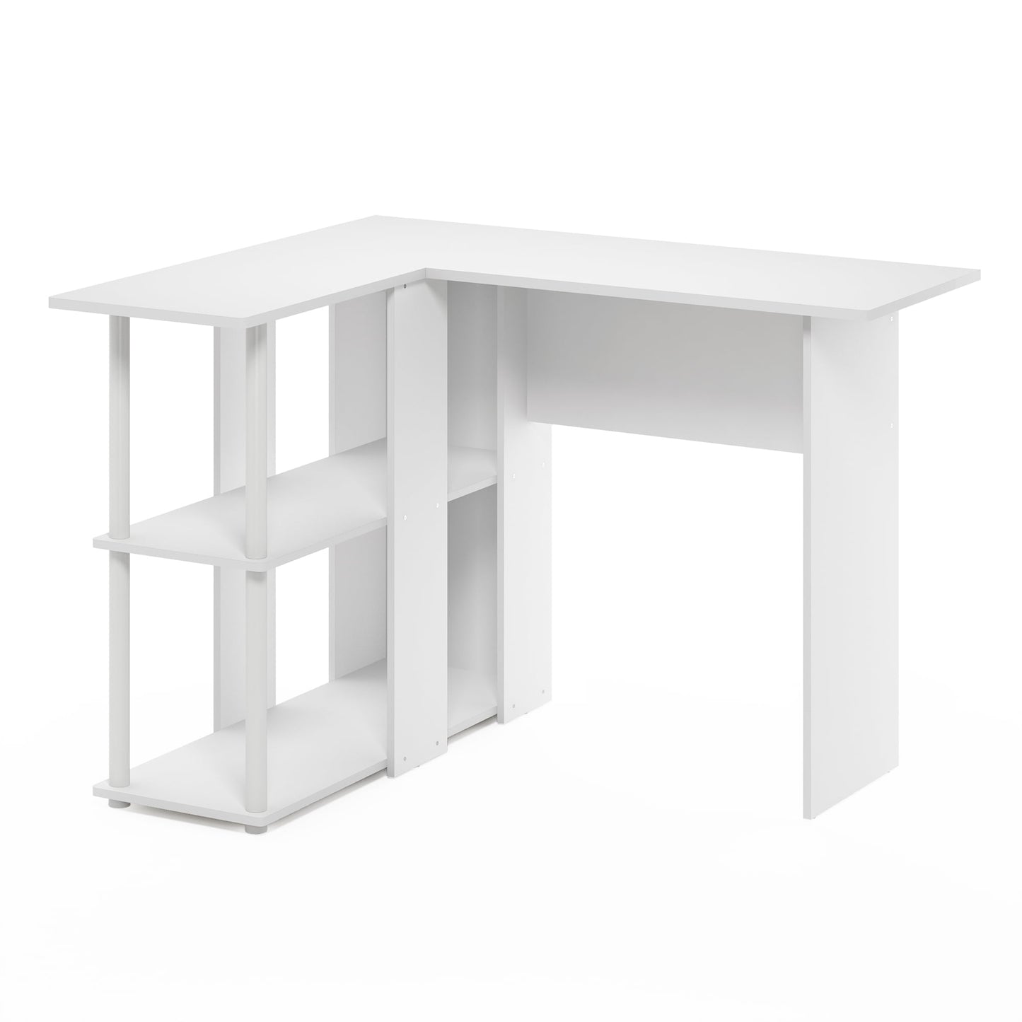 Furinno Abbott L-Shape Desk with Bookshelf, White/White