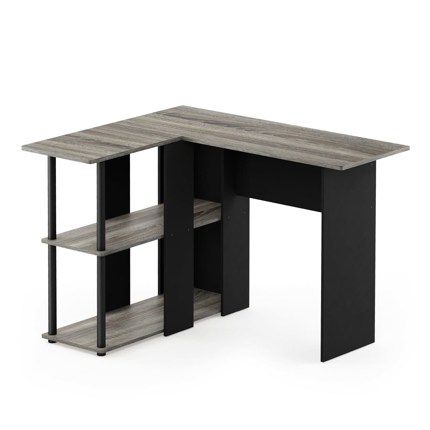 Furinno Abbott Wood L-Shape Desk with Bookshelf in French Oak Gray/Black